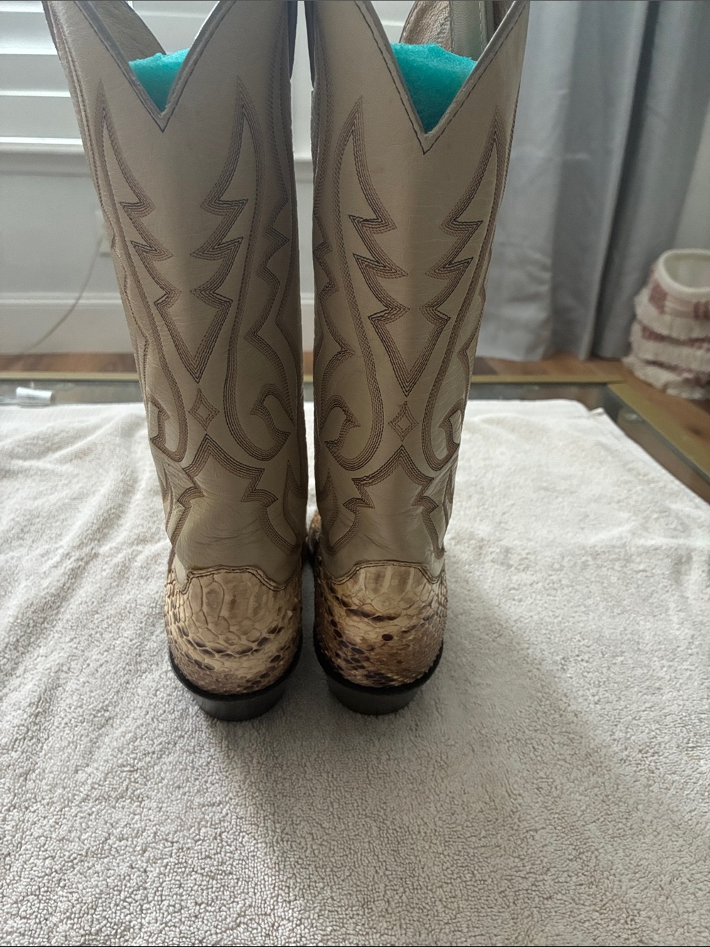 Justin Boots Cream Western Exotic-Texture Heeled Boots